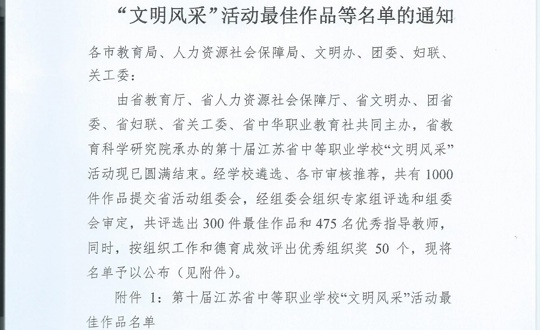 我院在第十届江苏省中等职业学校 “文明风采”活动中再创佳绩
